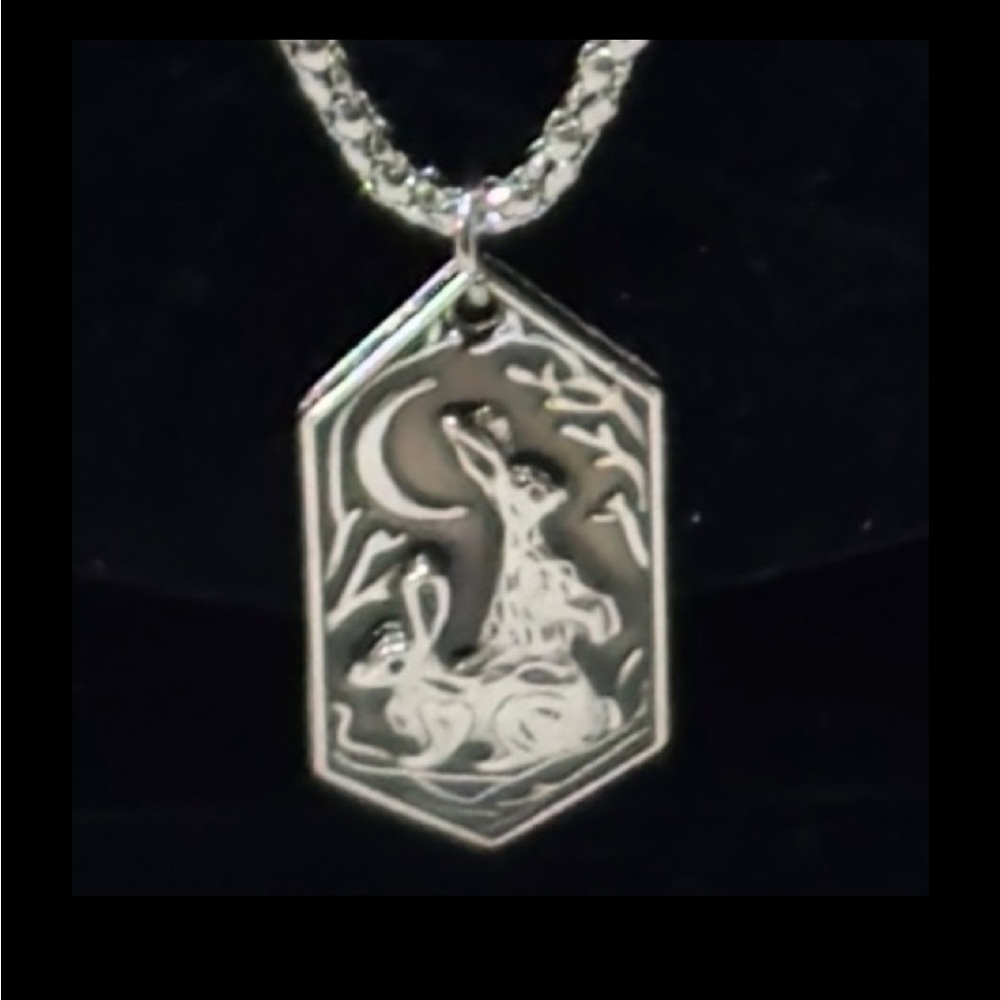UNBRANDED SILVER Rabbits Under The CRESCENT Moon STATEMENT Necklace Pendant - Picture 5 of 11